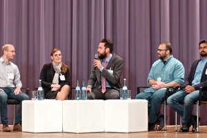  1 In a first panel discussion, the former Nanocem-funded researchers Arnaud Muller, Vanessa Kocaba, Luis Pegado and Luis Baquerizo (from left to right) exchanged ideas and views with Lukas Neumann (centre) 