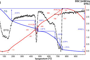  10 Simultaneous TG-DTA data of blended cement with 20 % complex additive based on a calcined mixture of kaolinitic clay and limestone (KC+ L) 