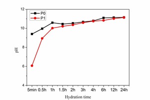  4 The pH of the solution without Pb(NO3)2 (P0) and with 0.5% Pb(NO3)2 (P1) with a liquid-solid ratio of 10:1 at different hydration times 