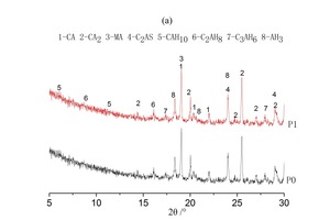  3 XRD patterns without Pb(NO3)2 (P0) and with 0.5% Pb(NO3)2 (P1) at different hydration times: (a) 1 h(b) 6 h(c) 24 h 