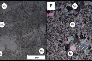  8 Petrographic microscope images of limestone (Northern Cape) sample Y (4 x magnification (E) plain polarised light and (F) cross polarised light) 