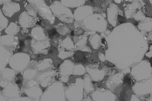  8 SEM image of the epoxy resin embedded section of the KS- sample(a) BSE-intake (b) EDX-intake (red = Si, blue = Ca)  