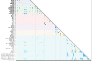  5 Detailed Hinton diagram showing all parameters. Blue bubbles indicate a positive correlation and orange bubbles indicate a negative correlation 