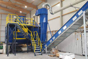  5 Rocket Mill® test facility for waste processing (left) and output SRF material from 12 mm screen 