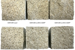  4 CEM II/B-S (top row) and CEM III/A (bottom row) prisms with 0% BA (left), 5% BA (centre), 15% BA (right). Brightness: + 20% 