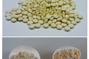  6 Polysius Mahlhilfe (MH1). Tablet core is made from a cellulose resin mix. After, the sugar coating is added in a second process 