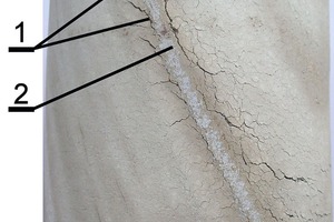  16	Macrocracks on the surface of the lime obtained from the Precambrian limestone cylindrical sample (1 – interface macrocracks, 2 – calcined dolomite layer with the CaO insertions inside the calcined limestone sample, 3 – hollow for thermocouple junction installation) 