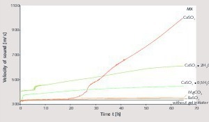  3 Stiffness development in WG B - QM mixtures (45 g WG, 55 g QM) after addition of various alkaline earth salts (3 g), characterized by measurement of the velocity of sound in the material 