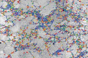  19	EBSD orientation mapping with representation of the local distribution of the quartz crystals with a grain size &lt; 10 µm. The colours correspond to the grain sizes in Fig. 18 [MÖSER, FIB] 