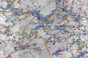  	EBSD-Orientierungsmapping, mit Darstellung der örtlichen Verteilung der Quarzkristalle mit einer Korngröße &lt; 10 µm. Die Farben entsprechen den in Abb. 18 zugeordneten Korngrößen [MÖSER, FIB] 