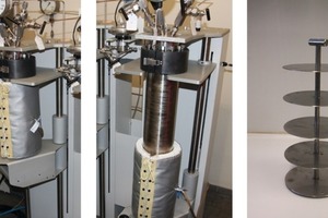  3 Experimental setup for the long-term ­storage of cement samples in scCO2; left and centre: 2 L autoclaves; right: stainless steel rack for positioning the test samples in the autoclaves 