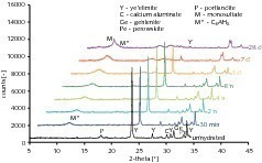  9	X-ray diffraction analysis of CSA clinker blended with portlandite (1:0.88 molar ratio) after various hydration times 