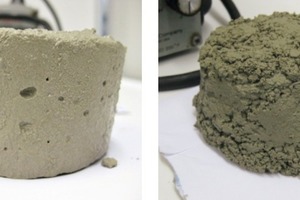  Erscheinungsbild des Zementleims nach dem Wasserreten­tionstest; links: mit 1&nbsp;Tag vorhydratisiertem Zement und 0,3 M.-% MHEC; rechts: mit 3 Tage vorhydratisiertem Zement und 0,2 M.-% MHEC 