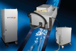  5	Laser unit for single particle analysis on belt conveyors; left: Control cabinet, centre/top: Laser module, centre/bottom: Belt conveyor with sorting material and laser-induced plasmas (long-term exposition), right: Spectrometer module  