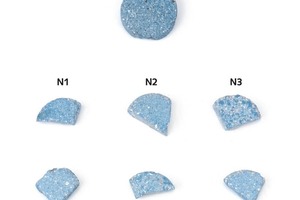  9 Appearance of blocks after natural ageing (top and cross section view) of mortar blocks modified with different additives after two years natural ageing in Barcelona. Trends are identical when CEM III cement is used (series IX). White spots are due to the aggregates 