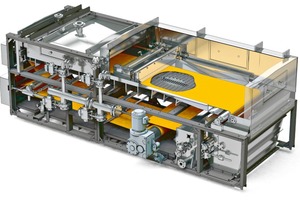  1 Design of the BHS indexing belt filter (BF) with suspension feeding, cake ­washing, vacuum tray, filter cloth tensioning device, belt tracking, filtrate outlet, drive and ­motor, filter cloth washing, cake discharge and scraper (from left) 