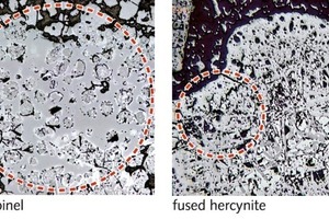 8 Comparison of basic bricks containing fused pleonastic spinel (left) and fused hercynite (right, characterized by microstructural inhomogeneities) 