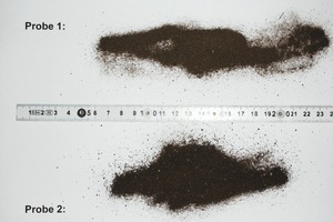  	Abgepresste Biomasse bei ca. 200 °C (Probe 1, TS 5  %) und ca. 80 °C (Probe 2, TS 14  %) gemahlen, wobei d50 Probe1 &lt; d50 Probe 2 resultierte. 