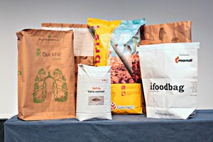  The innovations entered from left to right: The QuickFill Clean concept by BillerudKorsnäs, Self-dy by dy-pack, Hybris by Gascogne Sacs and the iFoodbag and the Protector Bag (in the background) by Mondi Industrial Bags 