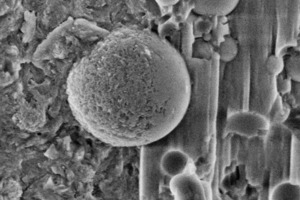  	NanoSEM-Aufnahme eines reagierenden Mikrosilikapartikels  