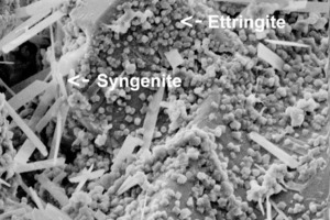  Cryo-REM: a) Portlandzement mit hohem K-Sulfat-Gehalt – 90 min Hydr.: Nachweis von Ettringit und Syngenit; b) Portlandzement mit niedrigem K-Sulfat-Gehalt – 40 min Hydr.: kein Syngenit nur Ettringit und folienartige C-A-H-Phasen 