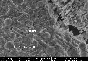  	NanoSEM (HV: 2 kV), M1-Bruchfläche, Alter 8 d, Wasserlagerung: Grenzbereich eines angelösten Klinkerkorn (Alit) und der UHPC Matrix mit unreagierten SF-Partikeln (Pfeil) 