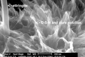  	Modus ESEM-WET: a) herkömmlicher Portlandzement nach 17 Stunden Hydratationszeit – Verlust der Oberflächeninformation bei hoher V0 = 30 kV; b) nur durch die Reduktion von V0 auf kleiner 1.5 kV ist es möglich, zwischen den C-S-H Phasen (sie erscheinen dunkel) und der Porenlösung (helle Phase) zu unterscheiden, diese Abbildung zeigt keine strukturellen Überschneidungen 