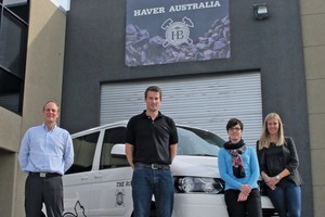  The Haver Australia team with (l to r) Managing Director René Dechange, Dominik Vennewald, Gabriela Emanuele and Larissa Kneissl in front of the new subsidiary company’s stock area 