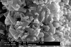  	REM-Mikrogefügebilder von S.A. cement SR03 Zementpaste (Aushärtung 3 Tage, w/c= 0.45, mit prismatischen Ettringit-Kristallen) 