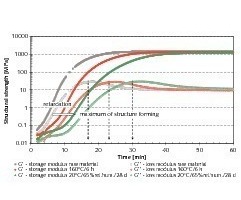  	Entwicklung der Strukturparameter Speichermodul G’ und Verlustmodul G’’ der Stuckgipsmischungen, halblogarithmische Darstellung  