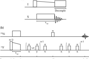  Radiofrequenz-Puls-Sequenz für (a) ein I → S-Kreuzpolarisations-(CP)-Experiment und (b) ein Rotational-Echo-Double-Resonance-(REDOR)-Experiment [21], beginnend mit einer 19F → 29Si-CP-Sequenz, um gezielt die 29Si-Spins anzuregen, die über ein Dipolmoment mit dem 19F verbunden sind. Der π/2- und π-Puls (typischerweise im Bereich 5-10 μs) rotiert die Magnetisierung um 90° bzw. 180°, während x und y die jeweilige relative Phase beschreiben. Die Kontaktzeit in der CP-Sequenz ist mit tCP angegeben und typischerweise in der Größenordnung von 0,5-5,0 ms 