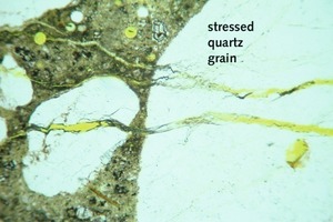  6	Cracks in the aggregate grain and the surrounding cement paste caused by ASR (thin section image) 