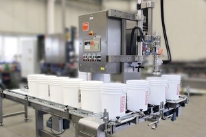  The FEIGE subsidiary, of Bad Oldesloe, Germany, produces machinery and systems for packing of liquid and pasteous products into containers (IBCs), drums, canisters, tubs and bags. This illustration shows the Type 34 automatic tub-filler, which can fill 500 tubs per hour (each 20 kg) with building materials or foodstuffs. 