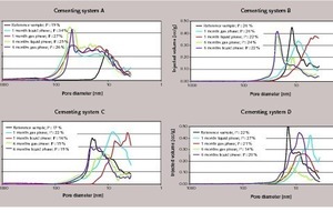  Gesamtporosität und Porengrößenverteilung von Zementproben nach Lagerung bei 400 bar CO2-Druck und 90 °C in synthetischem Lagerstättenwasser (Flüssigphase) oder wassergesättigtem CO2; Lagerzeiten: 1 und 6 Monate 