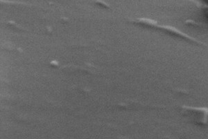  Elektronenmikroskopische Aufnahme der C3S-Probe nach 30 Minuten Hydratation. Es sind einige sehr kleine C3S-Partikel (Durchmesser kleiner als 25 nm) und wenige Hydratphasen erkennbar. Die eigentliche C3S-Oberfläche ist relativ glatt und Cluster entsprechend Bild 7B-7E sind nicht erkennbar (Auflösung des Bildes: 2 nm) 