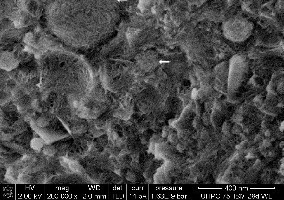  	NanoSEM (HV: 2 kV), M2-Bruchfläche, Alter 28 d, Wasserlagerung: UHPC-Matrix mit angelösten SF-Kugeln (Pfeil) 