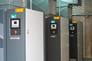  3	Three energy-efficient screw compressors, type GA, in the new central compressed-air station at Walhalla Kalk: right in front the speed-controlled GA 75 VSD (VSD Variable Speed Drive), behind it two somewhat smaller units, type GA 55+. 