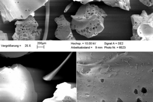  5 Industrially produced granulated blastfurnace slag D (Ptotal = 6.7 vol. %), top, and laboratory-produced granulated blastfurnace slag HS D.0 (Ptotal = 5.8 vol. %), bottom. Glass content 100 vol. % in all cases 