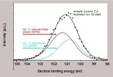  XPS-Analyse einer C3S-Probe nach 30 min Hydratation (Einzelpunkte, Datenfit und Beitrag der Referenzen zum Gesamtpeak) 