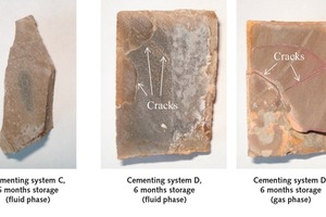  Rissbildung in den Probenkörpern der Zementsysteme C und D nach 6 Monaten Lagerung unter scCO2 bei 90 °C und 400 bar 