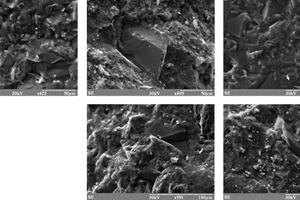  REM-Bilder von Proben von AAS-Zementen auf der Grundlage von Hüttensand mit 300 m2/kg (a, b), 600 m2kg (c, d) und 900 m2/kg (e) 