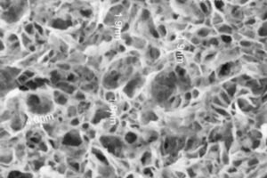  Reaction products of blast furnace slag (left) and silica fume particles 