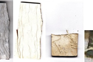  4 Images of limestone (left) and lime of origin S after burning at 1000 °C (2nd from left), 1300 °C (3rd from left) and 1380 °C (right) 