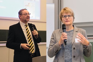  <div class="bildtext_en">1 Conference host Prof. Plank (left) from TU München and Prof.Götz-Neunhoeffer (right), Chairwoman of the GDCh specialization group “Construction Chemistry” during their opening speeches</div> 