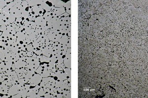  3 Microstructure of 98 %+ DBM produced from carbonate (left), in comparison to a commercial 98 %+ DBM produced from brines (right). Structure of the carbonate-­derived DBM is ­coarser, leading to larger ­crystals and pores 