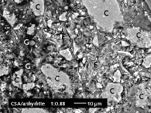  SEM images of CSA-based mortars; CSA/anhydrite 1:0.88 (C = unhydrated clinker, E = ettringite, G = gel-like areas) 