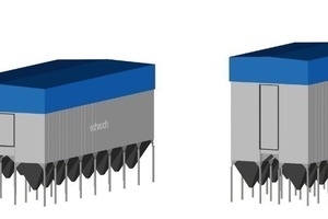  	Größenvergleich EMC-Filteranlage für 1 000 000 Bm³/h beim Einsatz von 6 m oder 10 m-Filterschläuchen 