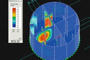  11 FE-model showing the stresses and deformations due to horizontal pressure in one of the silo cells of the upper 4 x ¼ silo 