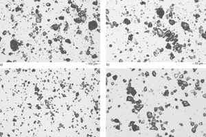  4 Images of microstructure of fresh cement pastes with superplasticizer at 5 min after mixing. a) Low Sp/C, 100×; b); Low Sp/C, 400×; c) High Sp/C, 100×; d) High Sp/C, 400× 