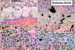  Mikroskopische Beobachtung der Ansatzbildung (unten) auf einem Doloma-Stein (oben). Das Quadrat oben links stellt die Grenzfläche dar und zeigt eine dichte, kohärente Reaktionsschicht 